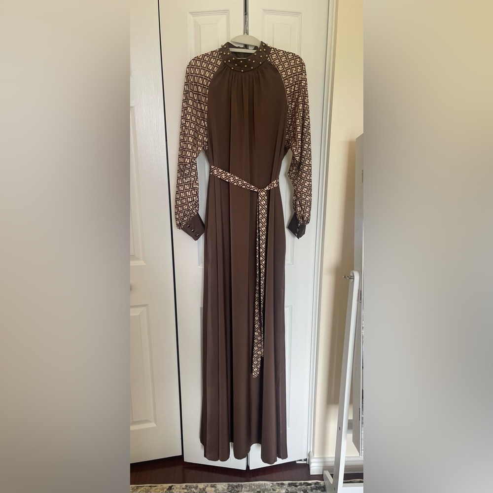 Womens Brown Long Satin Fendi Design Dress
